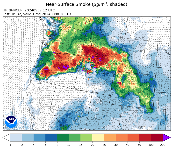 By late Sunday, the HRRR smoke model shows heavy surface smoke covering much of the state from regional wildfires.